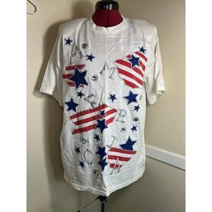 Patriotic American‎ Flag White T Shirt Women’s S-M Embroidered Vintage USA MADE